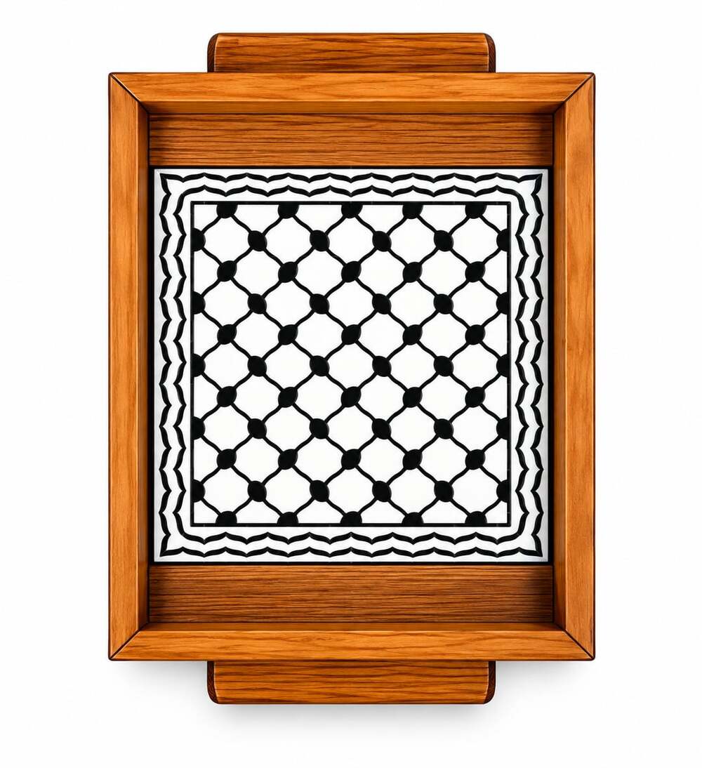 Wooden Tray With Oriental Ceramic Tile Kuffyeh, Decorative Tray, Serving Platter